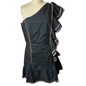 Love Shack Fancy Black 100% Cotton One Shoulder Ruffle Dress Women's Size 8 NWT